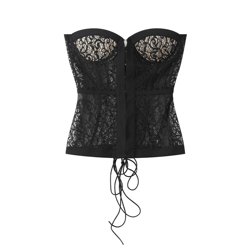 Sexy Women Black Lace Corset Vest Fashion See Through Hollow Out Strapless Top Chic Autumn 2025 New Party Lady High Street Vests