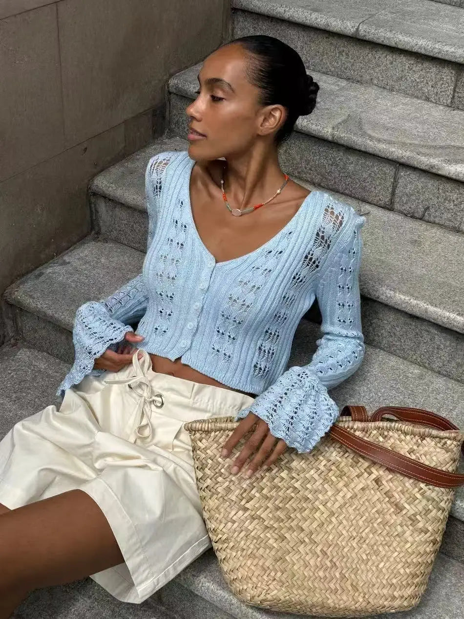 Tuularose Spring Knitted Cardigan Female Solid V-Neck Hollow Out Short Knitted Top Fashion Casual Loose Commuter Female T-Shirt