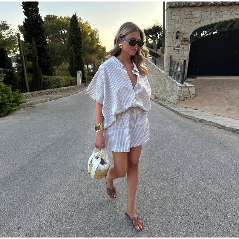 Casual Stripe Shorts Set Women's Loose Single Breasted Half Sleeve Shirt High Waist Short Pant 2025 Summer New Lady Holiday Suit