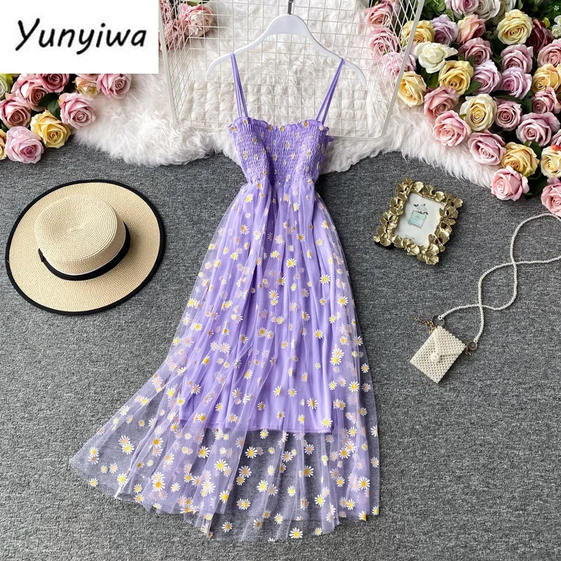 Women daisy Print Dresses Summer Sexy Lace Mesh Dress Spaghetti Strap Ruched Floral Vestidos Korean Style Long Dress