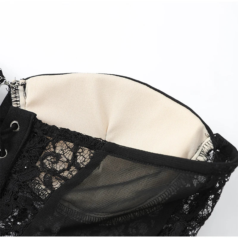 Sexy Women Black Lace Corset Vest Fashion See Through Hollow Out Strapless Top Chic Autumn 2025 New Party Lady High Street Vests