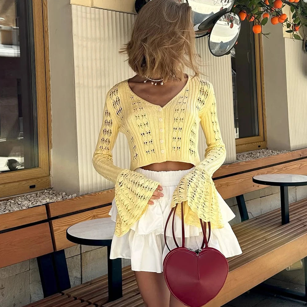 Tuularose Spring Knitted Cardigan Female Solid V-Neck Hollow Out Short Knitted Top Fashion Casual Loose Commuter Female T-Shirt