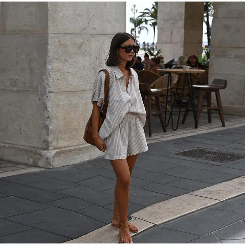 Casual Stripe Shorts Set Women's Loose Single Breasted Half Sleeve Shirt High Waist Short Pant 2025 Summer New Lady Holiday Suit