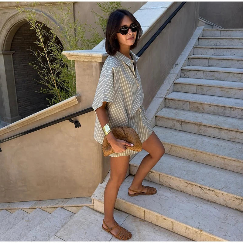 Casual Stripe Shorts Set Women's Loose Single Breasted Half Sleeve Shirt High Waist Short Pant 2025 Summer New Lady Holiday Suit