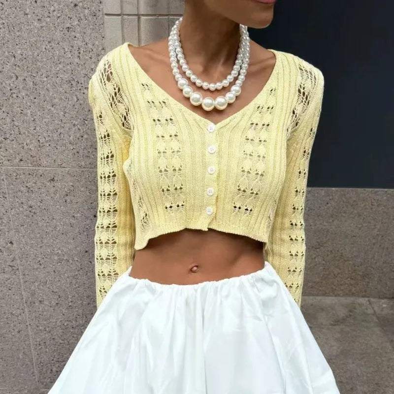 Tuularose Spring Knitted Cardigan Female Solid V-Neck Hollow Out Short Knitted Top Fashion Casual Loose Commuter Female T-Shirt