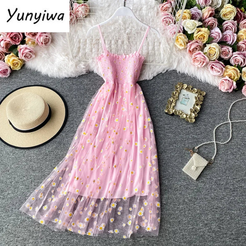 Women daisy Print Dresses Summer Sexy Lace Mesh Dress Spaghetti Strap Ruched Floral Vestidos Korean Style Long Dress