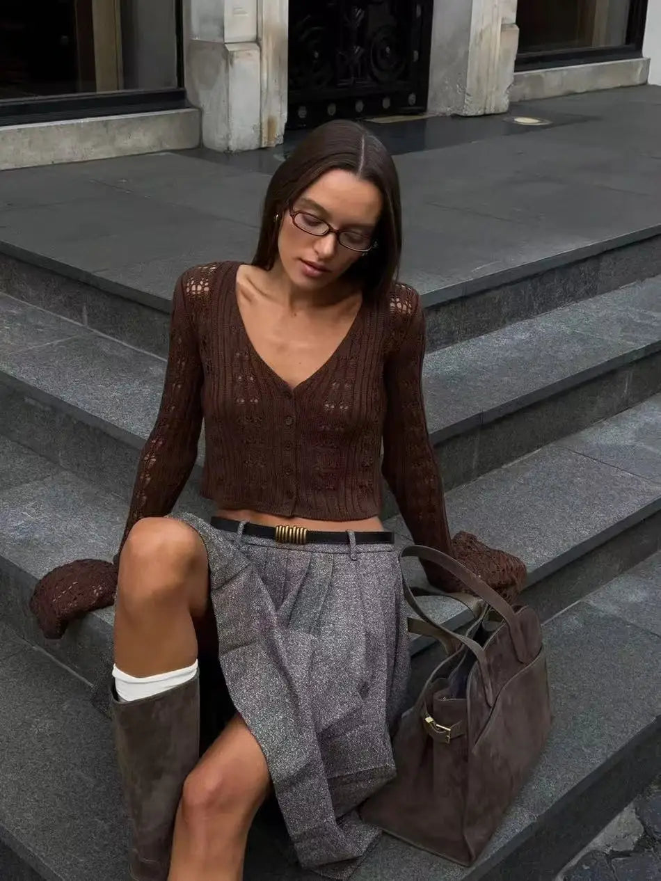 Tuularose Spring Knitted Cardigan Female Solid V-Neck Hollow Out Short Knitted Top Fashion Casual Loose Commuter Female T-Shirt