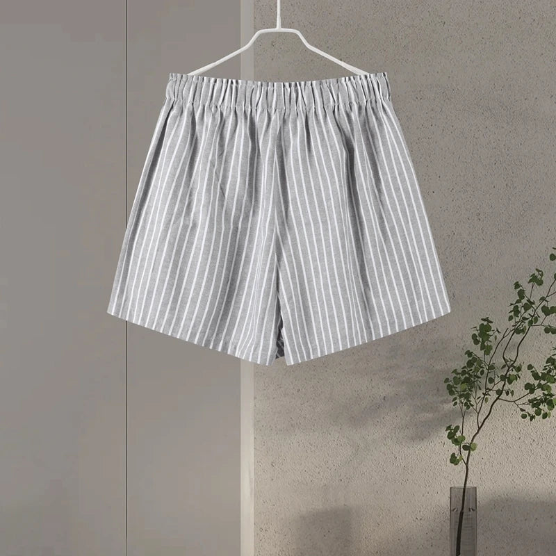 Casual Stripe Shorts Set Women's Loose Single Breasted Half Sleeve Shirt High Waist Short Pant 2025 Summer New Lady Holiday Suit