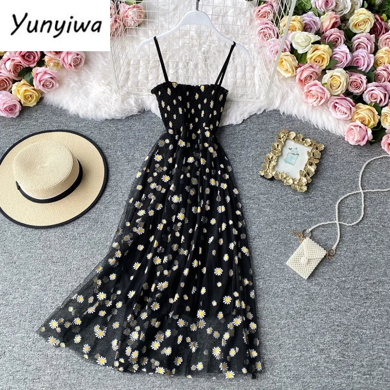 Women daisy Print Dresses Summer Sexy Lace Mesh Dress Spaghetti Strap Ruched Floral Vestidos Korean Style Long Dress