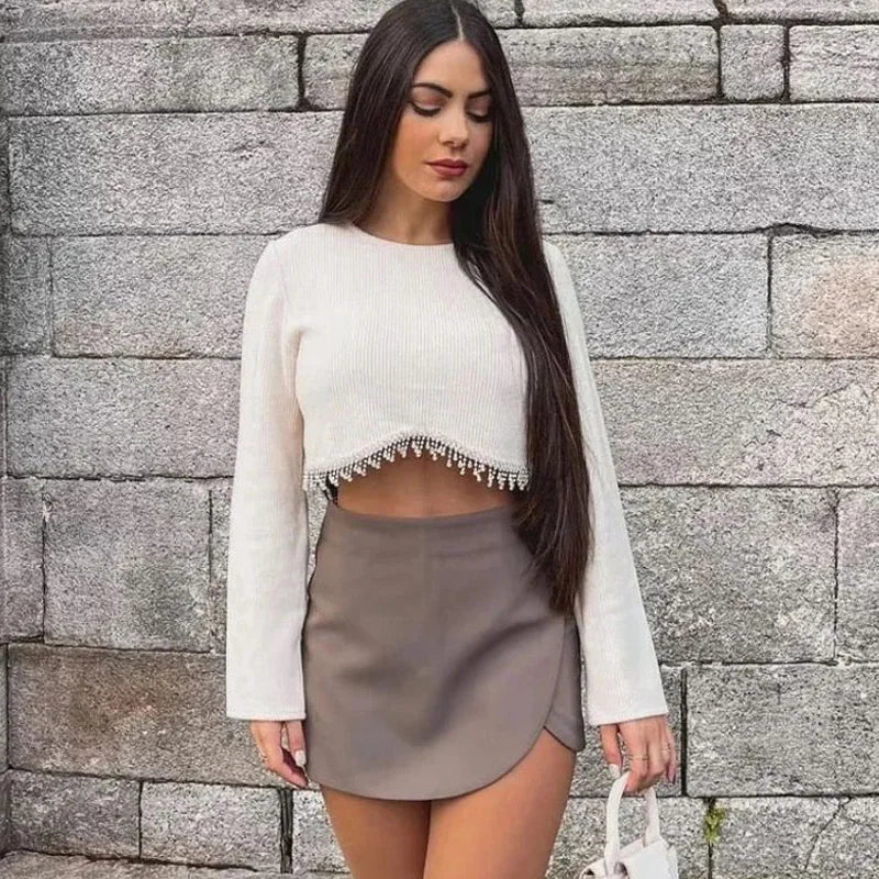 HXAO Women's Skort High Waist Brown Skirt Pants Stylish Summer Pink Black Mini Skirt Shorts Asymmetric Casual Off White Skort