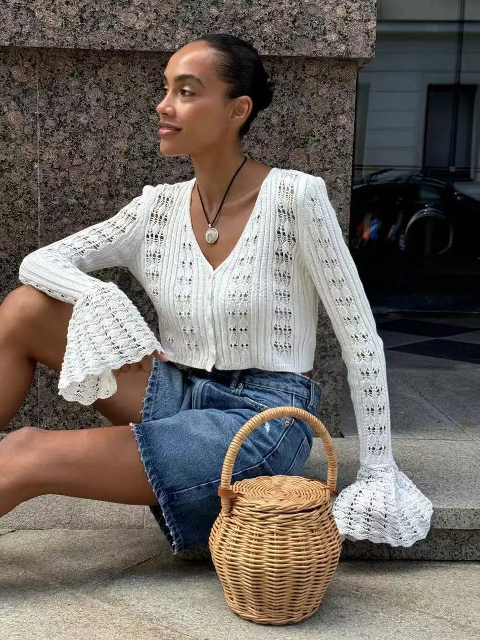 Tuularose Spring Knitted Cardigan Female Solid V-Neck Hollow Out Short Knitted Top Fashion Casual Loose Commuter Female T-Shirt