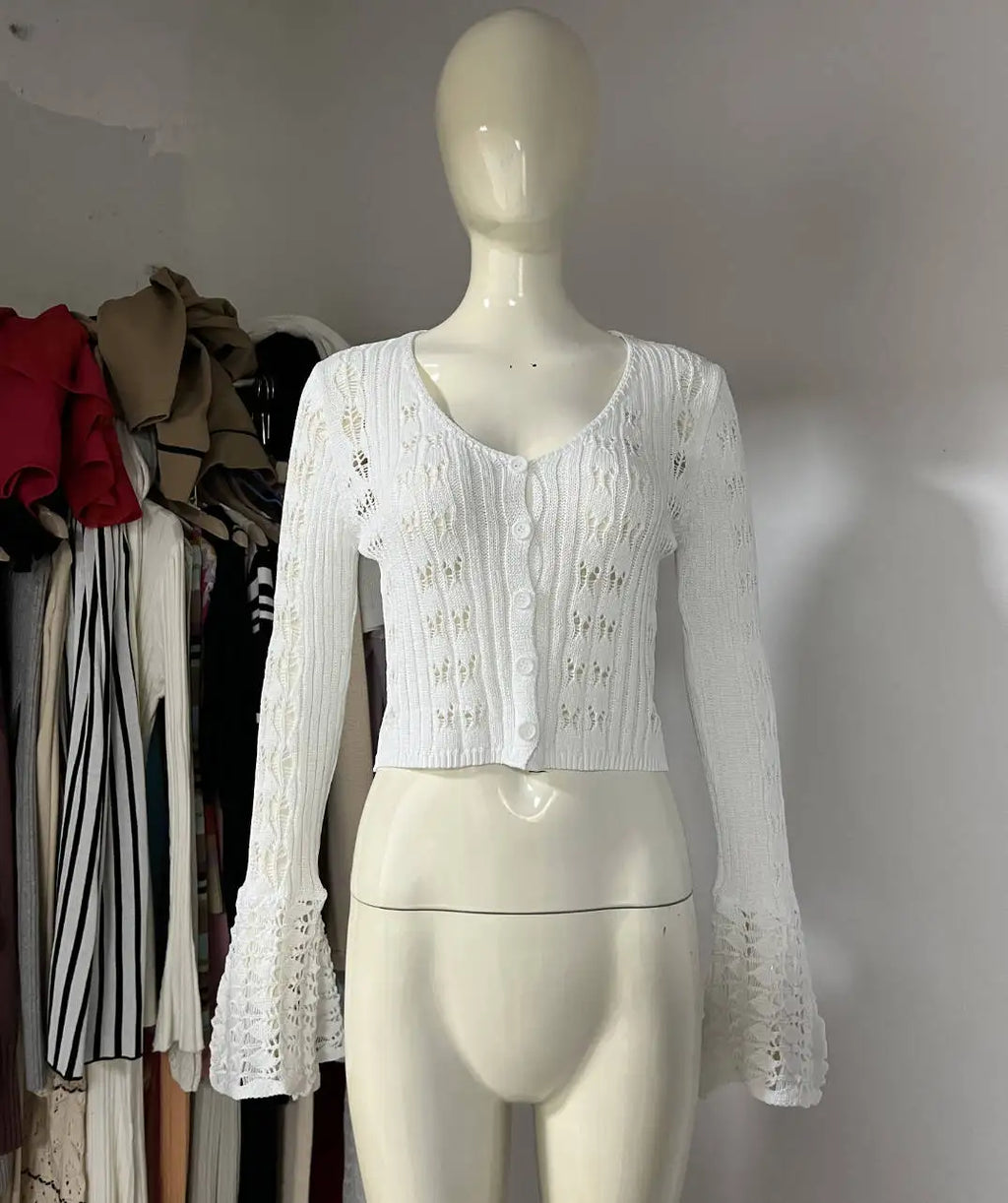 Tuularose Spring Knitted Cardigan Female Solid V-Neck Hollow Out Short Knitted Top Fashion Casual Loose Commuter Female T-Shirt