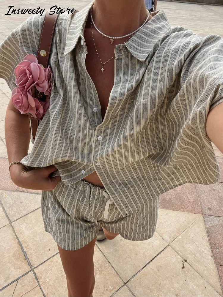 Casual Stripe Shorts Set Women's Loose Single Breasted Half Sleeve Shirt High Waist Short Pant 2025 Summer New Lady Holiday Suit