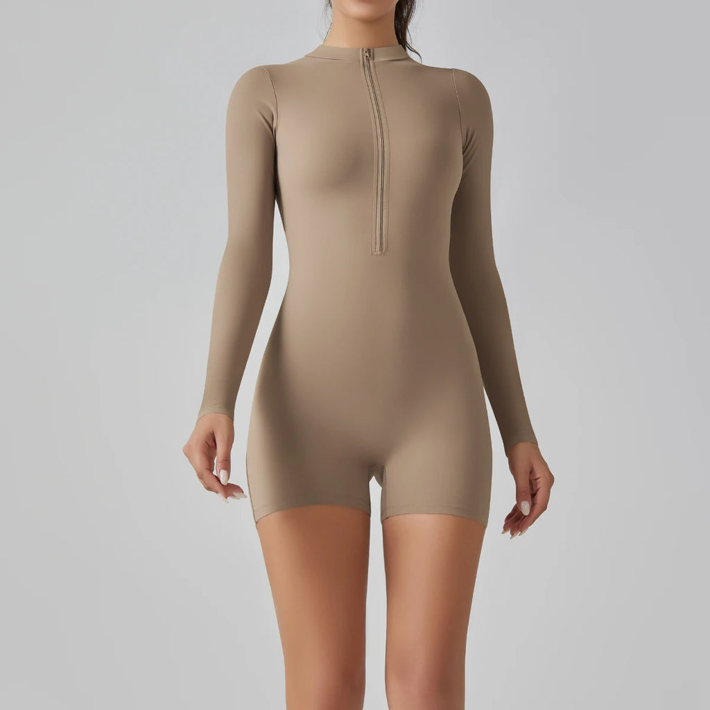 Zipper Tracksuit Set Women Yoga Jumpsuit Stand Collar Half Long Sleeved High Waist Butt Lift Fitness Sports Bodysuit Leggings