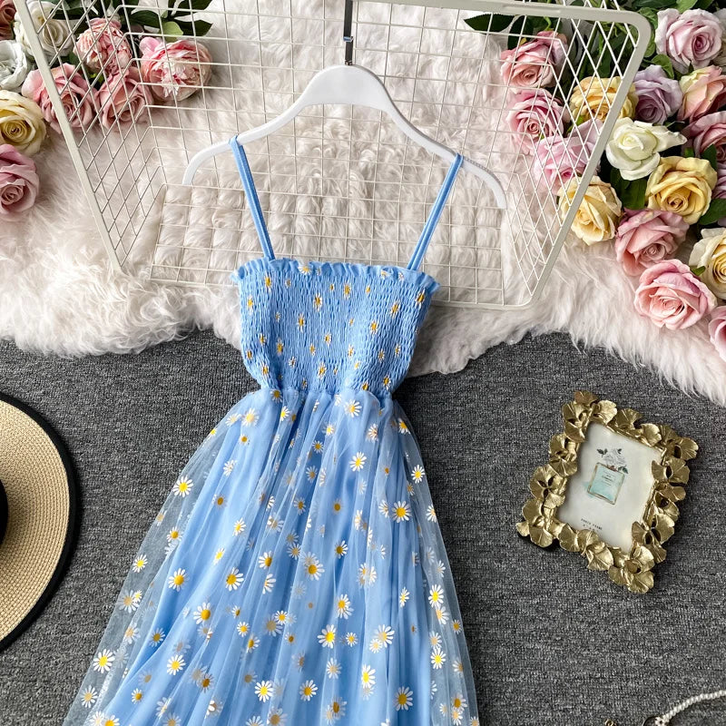 Women daisy Print Dresses Summer Sexy Lace Mesh Dress Spaghetti Strap Ruched Floral Vestidos Korean Style Long Dress