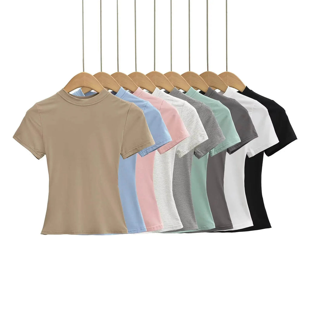 Slim Fit Solid Color Women's Casual T-shirt Short Sleeve Fashion Trend Y2K Top High Quality 2025 New Arrival