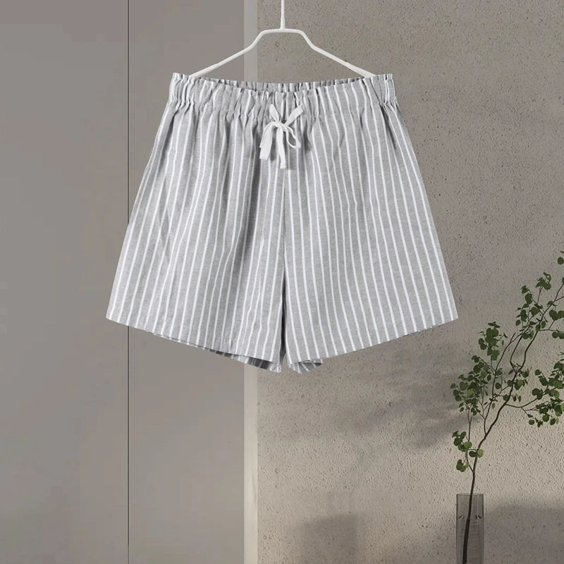 Casual Stripe Shorts Set Women's Loose Single Breasted Half Sleeve Shirt High Waist Short Pant 2025 Summer New Lady Holiday Suit