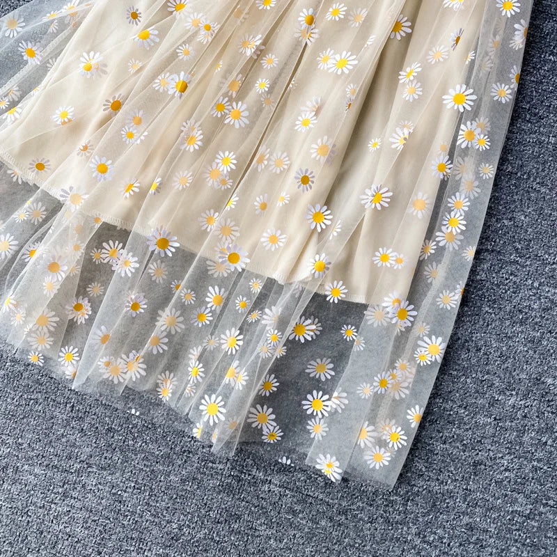 Women daisy Print Dresses Summer Sexy Lace Mesh Dress Spaghetti Strap Ruched Floral Vestidos Korean Style Long Dress
