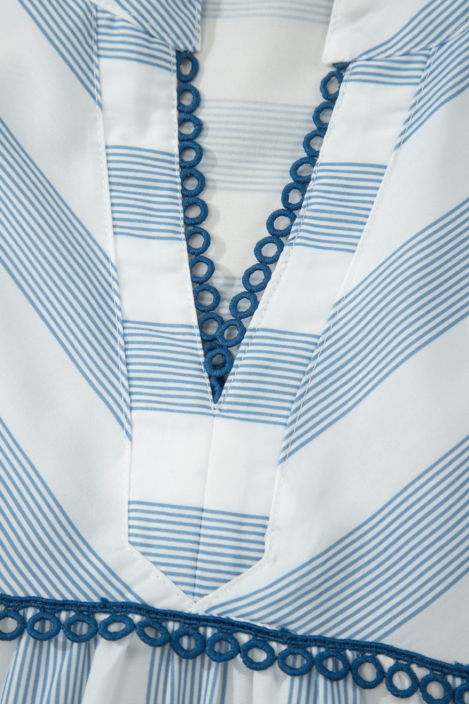 Sky Blue Stripe Subtle Lace Detail V Neck Ruffle Trim Casual Dress